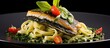 Closeup of modern design plate with gourmet Italian sea bass fillet spinach pasta caviar and tomatoes With copyspace for text