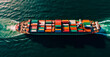 Top view of cargo sea ship with contrail in ocean ship carrying container - AI generated image