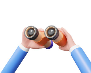 Minimal cartoon Businessman character hands holding binoculars target successful concept. planning searching strategy growth vision business financial, elements design. 3d render illustration.