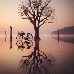 Poster - bicycle in sunset, silhouette, sunset, mountain, sport, sky, biker, cycling, cyclist, biking, cycle