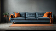Blue Corner Sofa And Coffee Table Against Pastel Blue Wall, Minimalist Home Interior Design, Modern Living Room.  Ai Generative