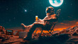© freechoice - astronaut sitting in a chair drinking beer on the moon relaxing listening to music