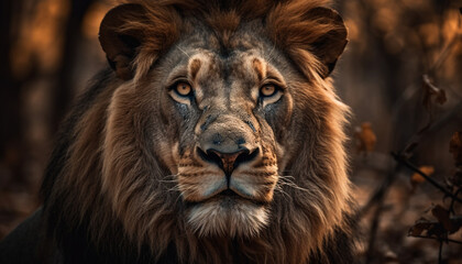 Poster - Majestic lion staring with focus on foreground in wilderness area