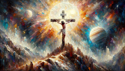 Canvas Print - The Crucifixion of Jesus: Christ Crucified on the Cross on Calvary in Dramatic Heavenly Landscape.