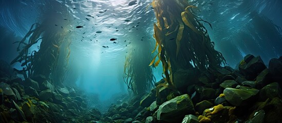 Poster - A diverse range of marine life lives in the kelp forest off the coast of northern California With copyspace for text