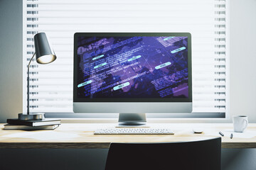Wall Mural - abstract creative coding concept with world map on modern laptop screen. 3d rendering