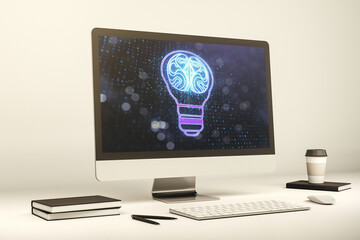 Wall Mural - Creative idea concept with light bulb and human brain illustration on modern laptop screen. Neural networks and machine learning concept. 3D Rendering