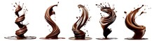 Brown Chocolate Liquid Paint Milk Splash Swirl Wave On Transparent Background Cutout, PNG File. Many Assorted Different Design. Mockup Template For Artwork Graphic Design