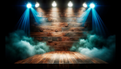 Poster - wooden stage with spotlights and smoke. generative ai