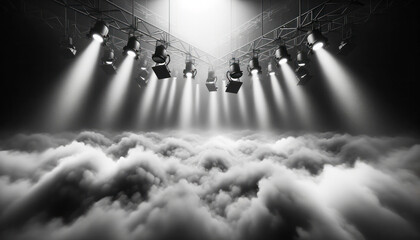 Poster - stage spotlight with white clouds and light effects. generative ai