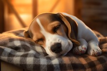 A Beagle Puppy Snoozing On A Patchwork Quilt In A Cozy Home Environment. Window With A Warm Glow In The Background