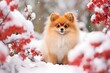 Pomeranian in a winter snow garden with red berries in the foreground