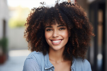 Wall Mural - Generative AI picture of beautiful young woman afro volume hair style in the street sunny day