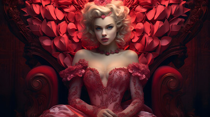 Wall Mural - Beautiful blonde girl in a red dress and a crown sitting in a chair with red hearts.