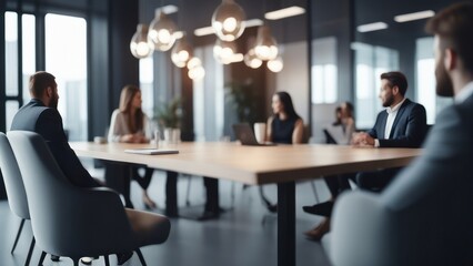 Wall Mural - Soft of blurred people meeting at table. Abstract blurred office interior space background