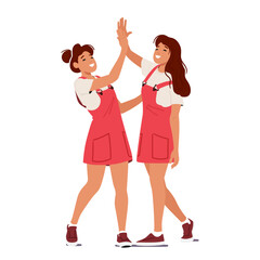 Wall Mural - Two Twin Girl Characters Joyfully Connect Their Hands. Sisters Creating A Heartwarming High-five Moment