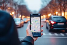User engages with AI parking app, close-up of smartphone screen. Seamless city navigation unfolds