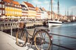 Old town in Copenhagen, Denmark. Nyhavn harbor with a bicycle in selective focus. Generative AI