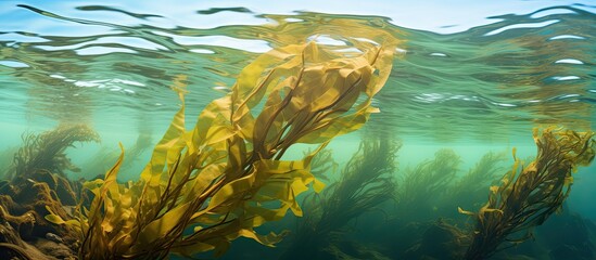 Poster - Macrocystis pyrifera known as giant kelp has rapid growth and can surpass 80 feet in height along California s rugged coast With copyspace for text