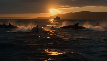 Sticker - Silhouette of large mammal splashing in back lit sunset waters