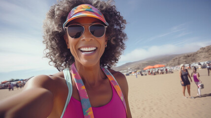 Canvas Print - Happy senior woman taking selfie on beach. Vacation concept.