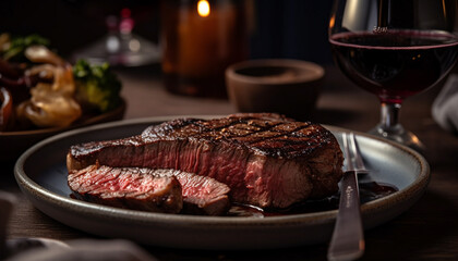 Grilled steak on rustic wood table, cooked to perfection generated by AI