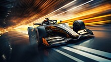 Fast And Powerful Racing Car In Motion, Moving Along Street With Blurred Lights In The Dark. Concept Of Motorsport, Racing, Competition