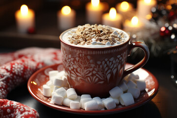 Sticker - Hot chocolate with marshmallows, knitted scarf and Christmas decorations. Generative Ai.