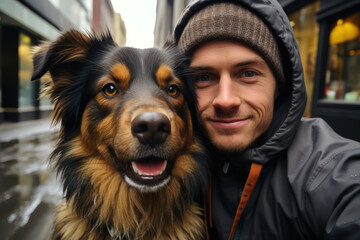 Wall Mural - Happy young Caucasian couple with purebreed aussie dog take selfie photo. City life. Training pet. Generative Ai.