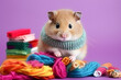 Studio portrait of a hamster wearing knitted hat, scarf and mittens. Colorful winter and cold weather concept.