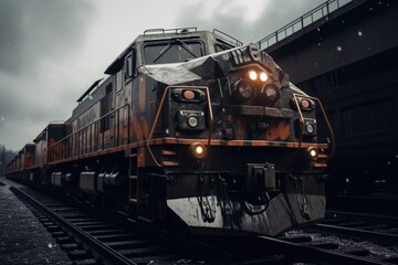 Sticker - A train is pictured traveling down train tracks under a cloudy sky. This image can be used to depict transportation, travel, or the concept of journey.