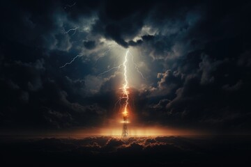 Canvas Print - a powerful lightning bolt striking through a dark sky. perfect for illustrating the intensity of a s