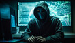 Hooded burglar using computer to commit identity theft at night generated by AI