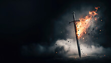 Sword Of Grace And Peace. A Flaming Sword Stuck In The Ground. Flames And Smoke. Fantasy Medieval Blade. Wind Blowing On Fire. 