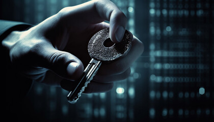 Businessman holding metal house key, unlocking security system for success generated by AI