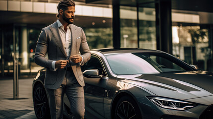 Closeup photo of a professional driver beside a luxury car