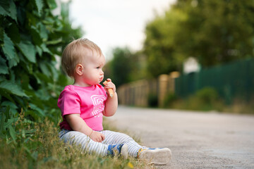 Wall Mural - Portrait of a Caucasian blonde baby has a bagel on the background of a green bush with leaves