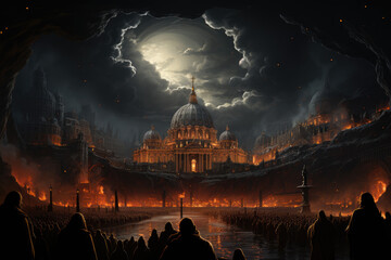 Poster - A dark painting capturing the opulence of the Vatican during a period when the papal court lived lavishly while many followers lived in poverty. Generative Ai.