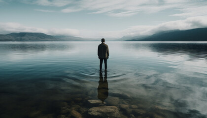 Wall Mural - One man standing outdoors, looking at mountain range silhouette generated by AI