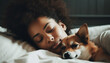 One woman embracing cute puppy, resting on comfortable bed indoors generated by AI