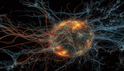 Wall Mural - High scale magnification reveals glowing neural axons in human brain generated by AI