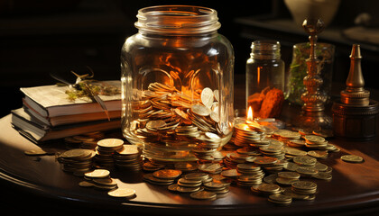 Wall Mural - Stacks of gold coins on a wooden table symbolize financial success generated by AI