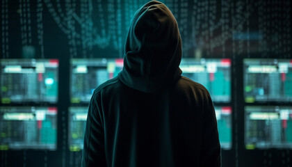 Wall Mural - Hooded thief uses technology to steal data in dark night generated by AI