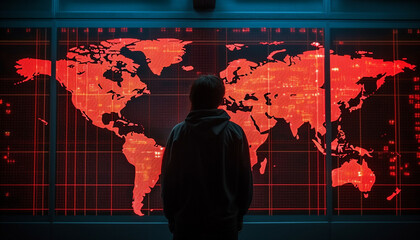 Wall Mural - Global businessman standing on glowing world map, using technology for communication generated by AI