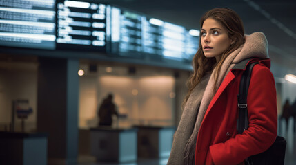 Sticker - Woman in airport looking to flight timetable