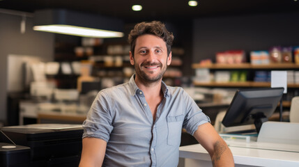 Wall Mural - Smiling male cashier at checkout counter with digital tablet in store