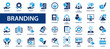 Branding flat icons set. Product, Discount, Company, Social media, Innovation, Distribution, Design, Consumers, Brand Value and more signs. Flat icon collection.