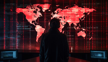 Wall Mural - Global businessman standing, watching world map on glowing computer monitor generated by AI