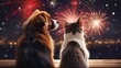 The cat and the dog look at the fireworks. A Christmas card with a place for text, generative ai