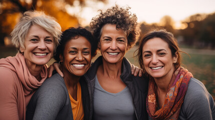 Happy senior friends wearing sportswear, posing in park. Lifestyle concept.